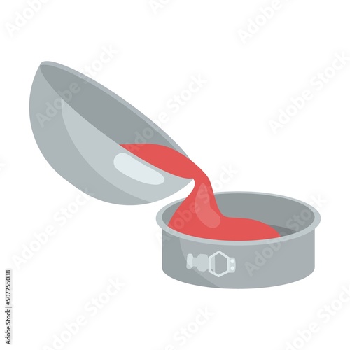 Pour into baking dish. Process of cooking cake or pie cartoon illustration. Adding ingredients in bowl step by step. Preparation concept