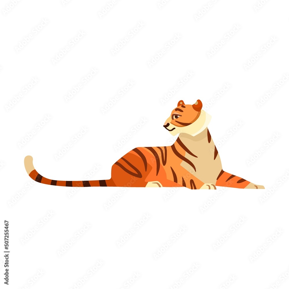 Tiger cartoon illustration. African tiger and tigress sitting together. Wildcats stretching, sleeping on tree branch. Wildlife, jungle concept