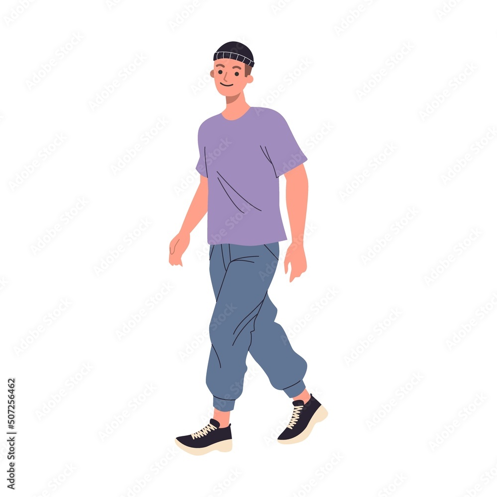 Young guy in jeans crossing city street. Zebra, crosswalk, traffic light flat vector illustration. Urban life, safety, rules concept for banner, website design Young guy in jeans crossing city street. Zebra, crosswalk, traffic light flat vector illustration. Urban life, safety, rules concept for banner, website design