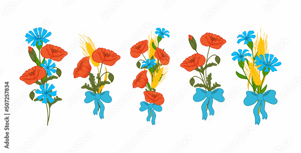 Flower Bouquet Set of Meadow Flowers. Blue and Yellow. Composition of Poppy and Cornflower Flowers, Spikelets of Wheat. Gift Flowers for Women.