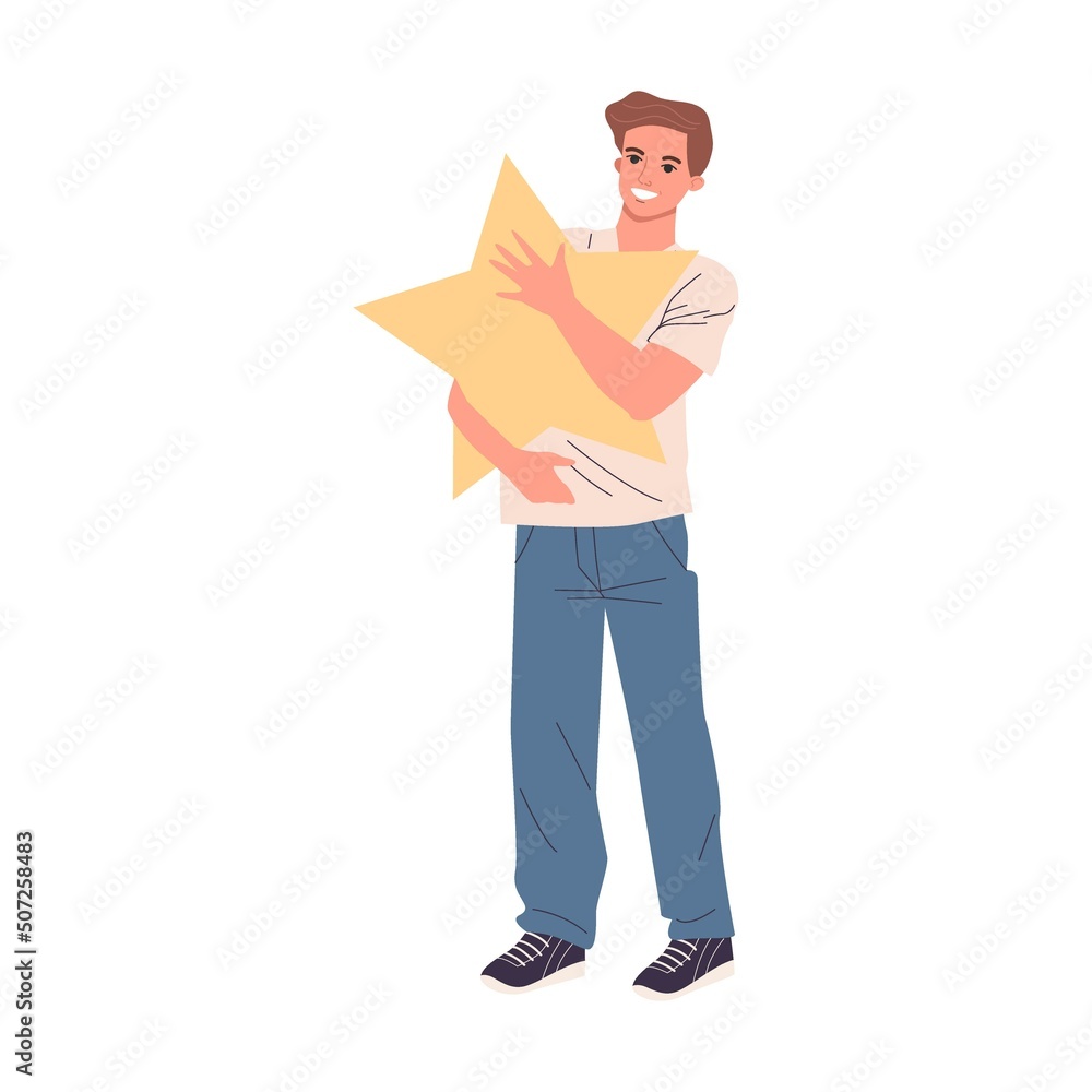 Man holding star over in hands. Satisfied customers rating services quality with review stars vector illustration. Clients giving Man holding star over in hands. Satisfied customers rating services quality with review stars vector illustration. Clients giving