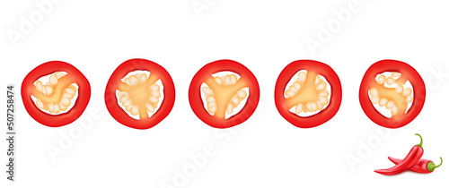 Red hot chili pepper slice with seeds, realistic vector for packaging, snacks, design.