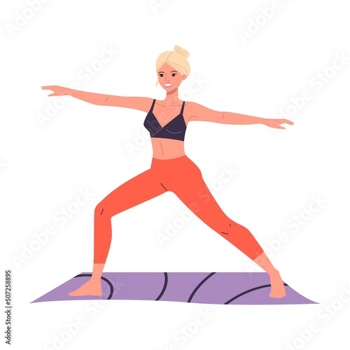 Young girl doing yoga exercises in gym vector illustration. Men and women performing fitness exercises in exercise class