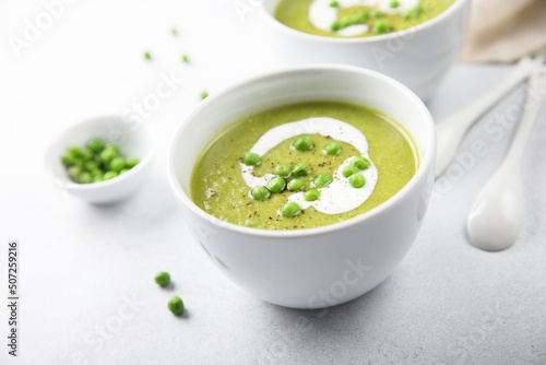 Homemade green pea soup with cream
