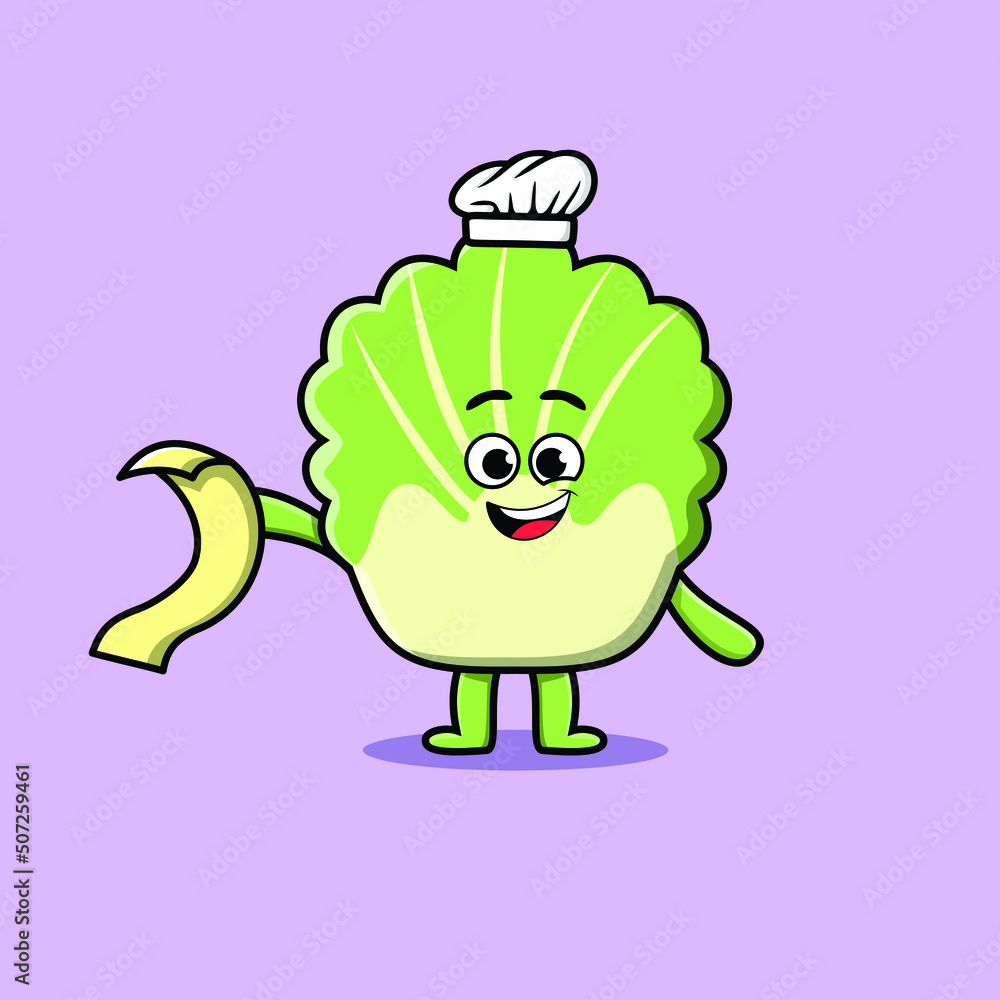 Fototapeta premium Cute cartoon chinese cabbage chef character with menu in hand