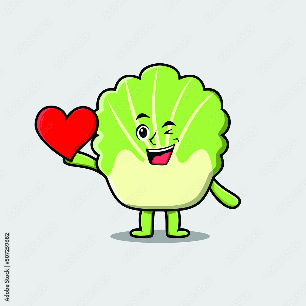 Cute cartoon chinese cabbage character holding big red heart in modern style design Cute cartoon chinese cabbage character holding big red heart in modern style design