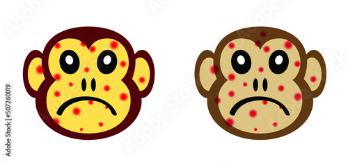 Cartoon monkey virus or monkeypox. The virus belongs to the genus Orthopoxvirus in the family Poxviridae. infectious disease. Ape face with yellow banana. Vector monkey pox symbol or icon