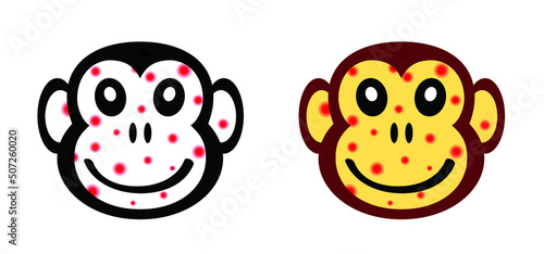 Cartoon monkey virus or monkeypox. The virus belongs to the genus Orthopoxvirus in the family Poxviridae. infectious disease. Ape face with yellow banana. Vector monkey pox symbol or icon