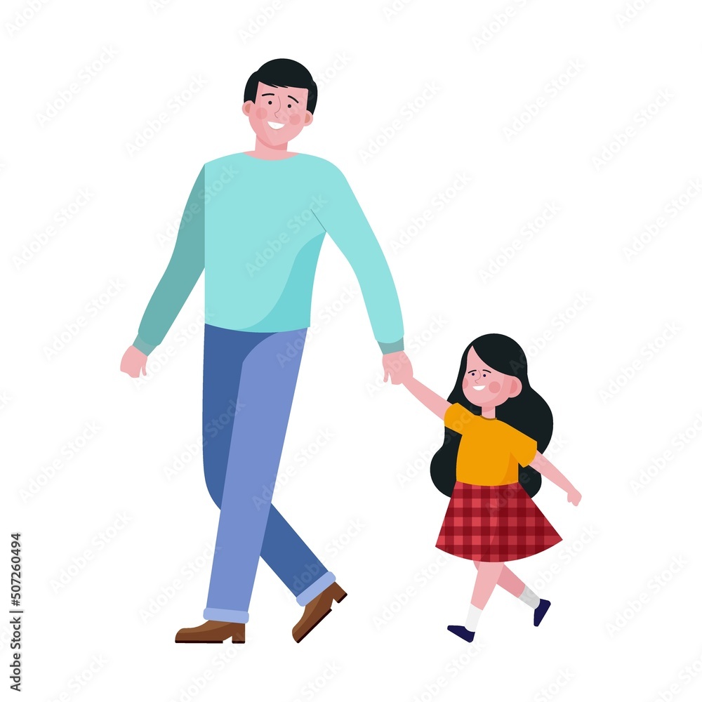 Family with children. Happy dad walking and leading kid by hand flat vector illustration. Family, love concept Family with children. Happy dad walking and leading kid by hand flat vector illustration. Family, love concept