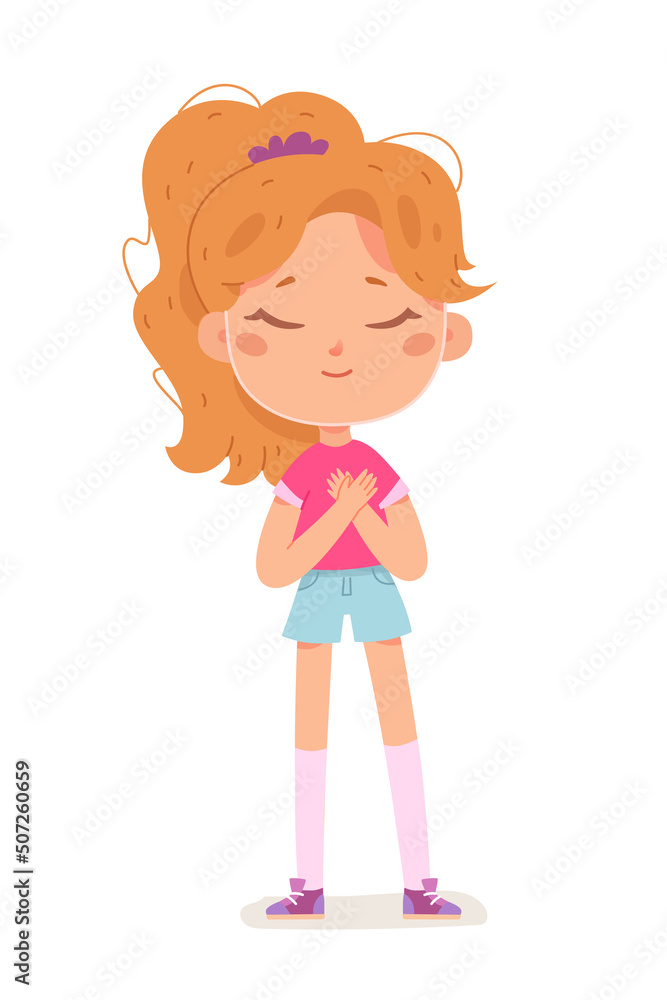 Girl standing and crossing arms, funny gesture of child with closed eyes, folded hands