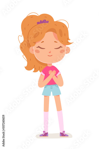 Girl standing and crossing arms, funny gesture of child with closed eyes, folded hands