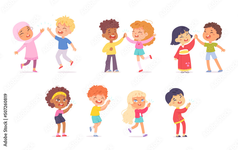 Diverse kids meet and clap set, two children giving high five to each other, applauding Diverse kids meet and clap set, two children giving high five to each other, applauding