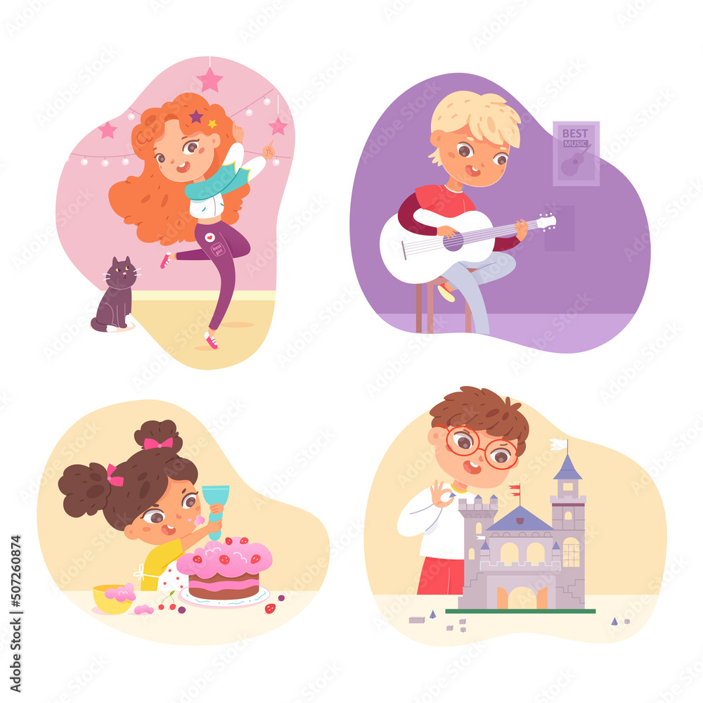 Performances and hobby activity of cute kids set, happy boy and girl dance, build castle Performances and hobby activity of cute kids set, happy boy and girl dance, build castle
