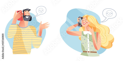 People call on mobile phone and smile set vector illustration. Cartoon freelancer man and woman character talking about business work, hipster guy holding cellphone, girl highschool student smiling.
