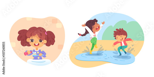 Good and bad behavior and habits set, kids jumping on puddle, girl brushing teeth