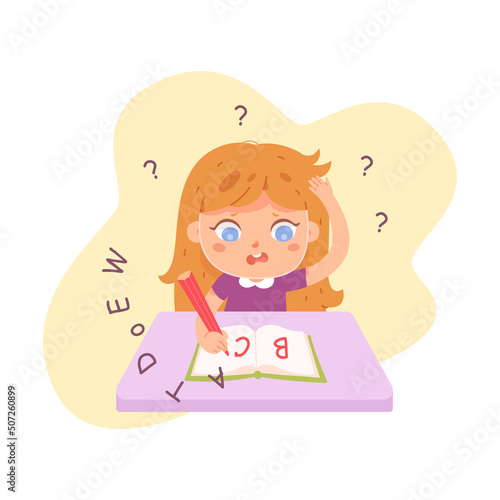 Difficulty in writing of child with dysgraphia holding pencil to write, letters flying