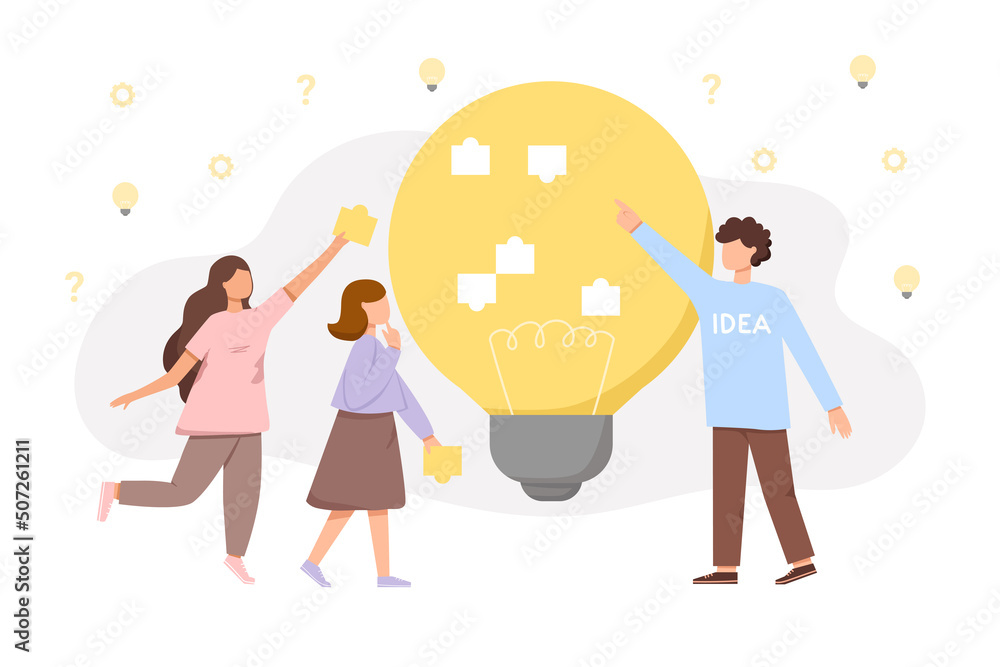 Idea concept - three characters are creating an idea Idea concept - three characters are creating an idea