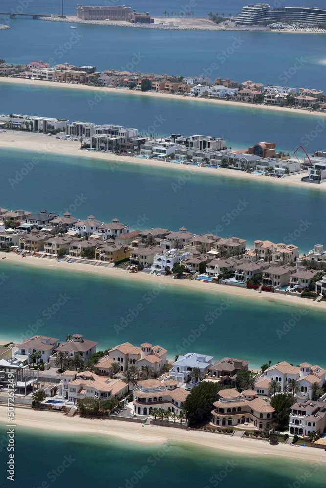 Close-up of Jumeirah Island in Dubai - a completely artificial island in the shape of a palm tree 