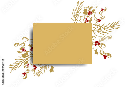 Vector. Merry Christmas and Happy New Year floral background  copy space for your text. Rustic horizontal template for Christmas cards  wedding invitations  party invitation. Hand-drawn sketch.