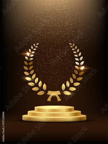 Golden podium with laurel glowing. Gold stage with glitter and light fog on dark background. Hollywood fame in film and cinema or championship in sport vector illustration photo