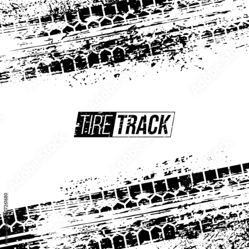 Tire tracks, grunge car, truck or motorcycle wheel texture and tire track text vector illustration. Black trail of rubber vehicle protector on mud path, tyre tread pattern, race competition background