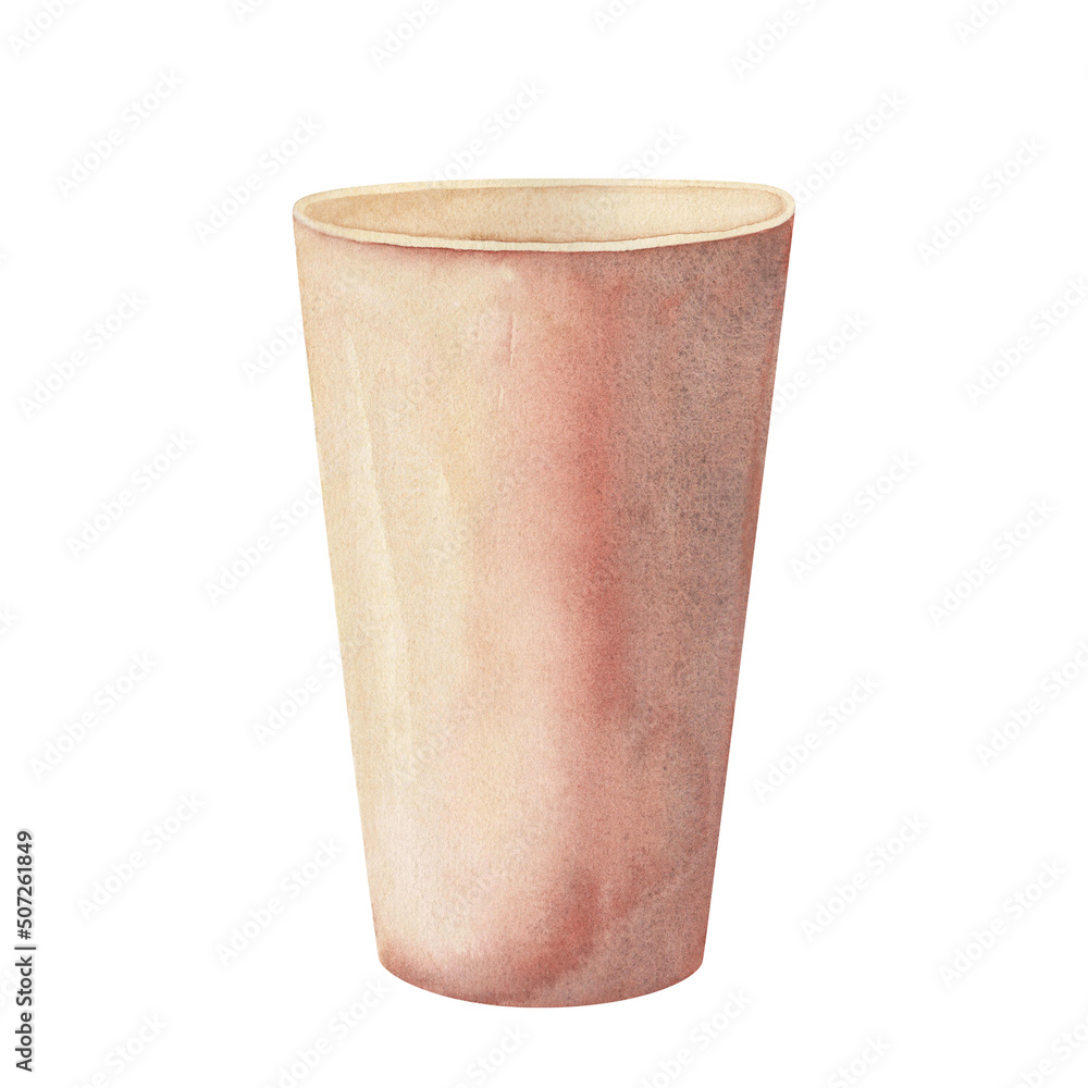 Watercolor pot tumbler red ceramic isolated on white. Illustration for greeting card, design flower shop Watercolor pot tumbler red ceramic isolated on white. Illustration for greeting card, design flower shop