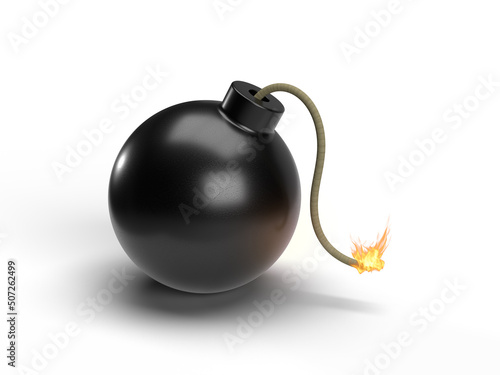 Black round bomb with burning fuse icon on white background. 3D illustration. photo