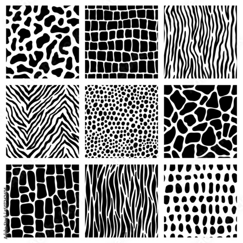 Animal pattern set. Collection of seamless pattern with animal skin print. Giraffe  Zebra  Tiger  Snake  Reptile  Leopard. Vector black and white animal textures.