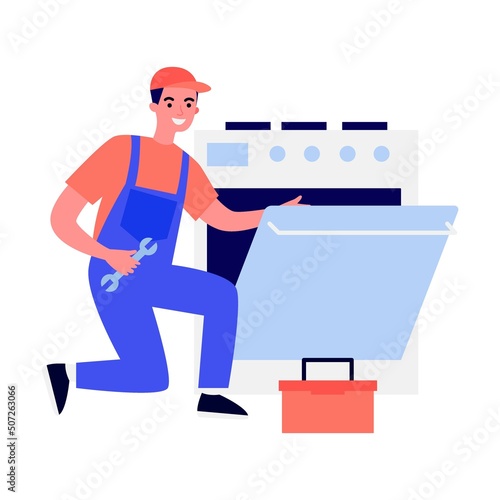 Servicemen repairing kitchen stove flat vector illustration. Electrician, mechanic or repairer at work. Repair and maintenance concept