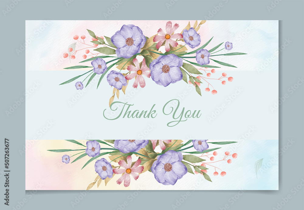 Elegant flower watercolor background card. Wedding floral invitation . with Thank you card, white pink watercolor floral flower and leaves.
