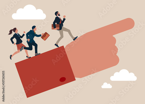 Leadership to lead team members, business direction to achieve goal or target, teamwork to success in work, businessman running lead business people on pointing finger.
