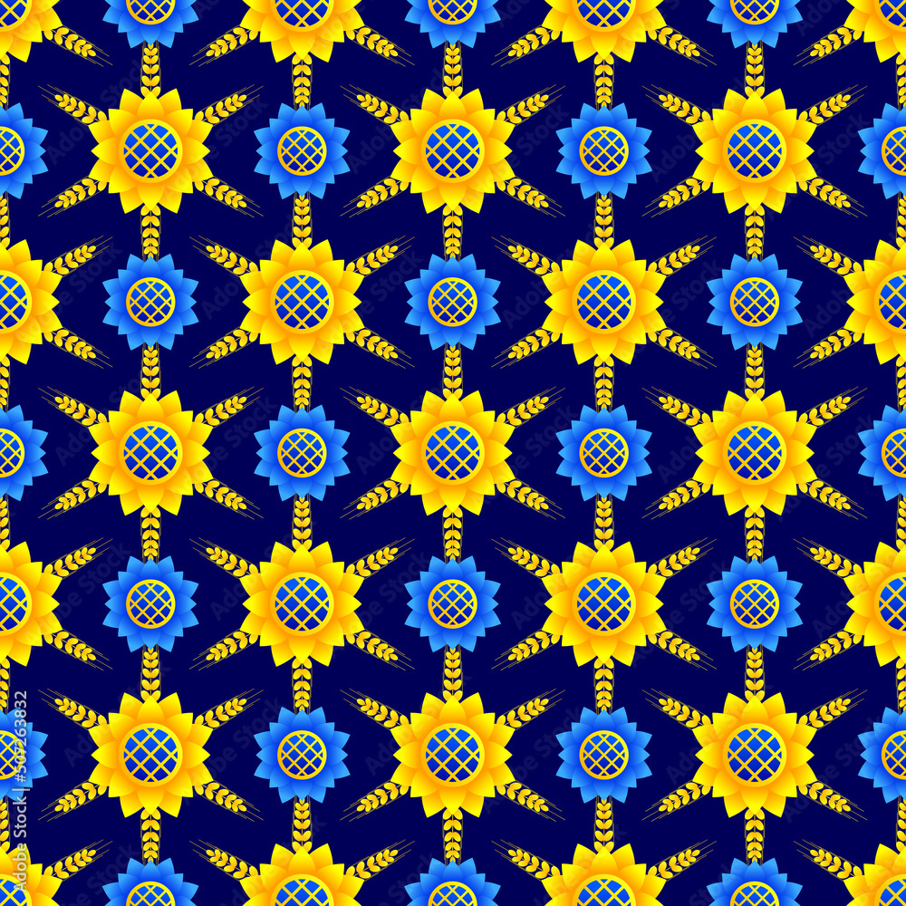 Seamless floral pattern based on Ukrainian ornament on dark blue background. Vector stylized ornament in Ukrainian style.