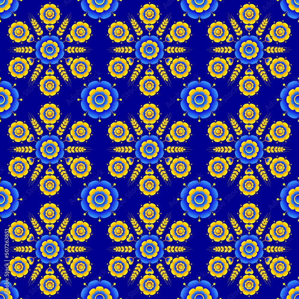 Seamless floral pattern based on Ukrainian ornament on dark blue background. Vector stylized ornament in Ukrainian style. Seamless floral pattern based on Ukrainian ornament on dark blue background. Vector stylized ornament in Ukrainian style.