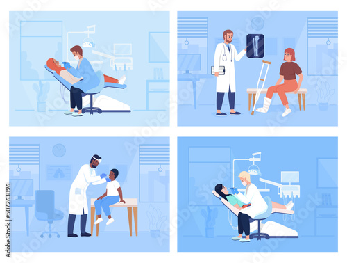 Healthcare service and patient examination flat color vector illustrations set. Medical staff and patients 2D simple cartoon characters with clinic office interior on background pack