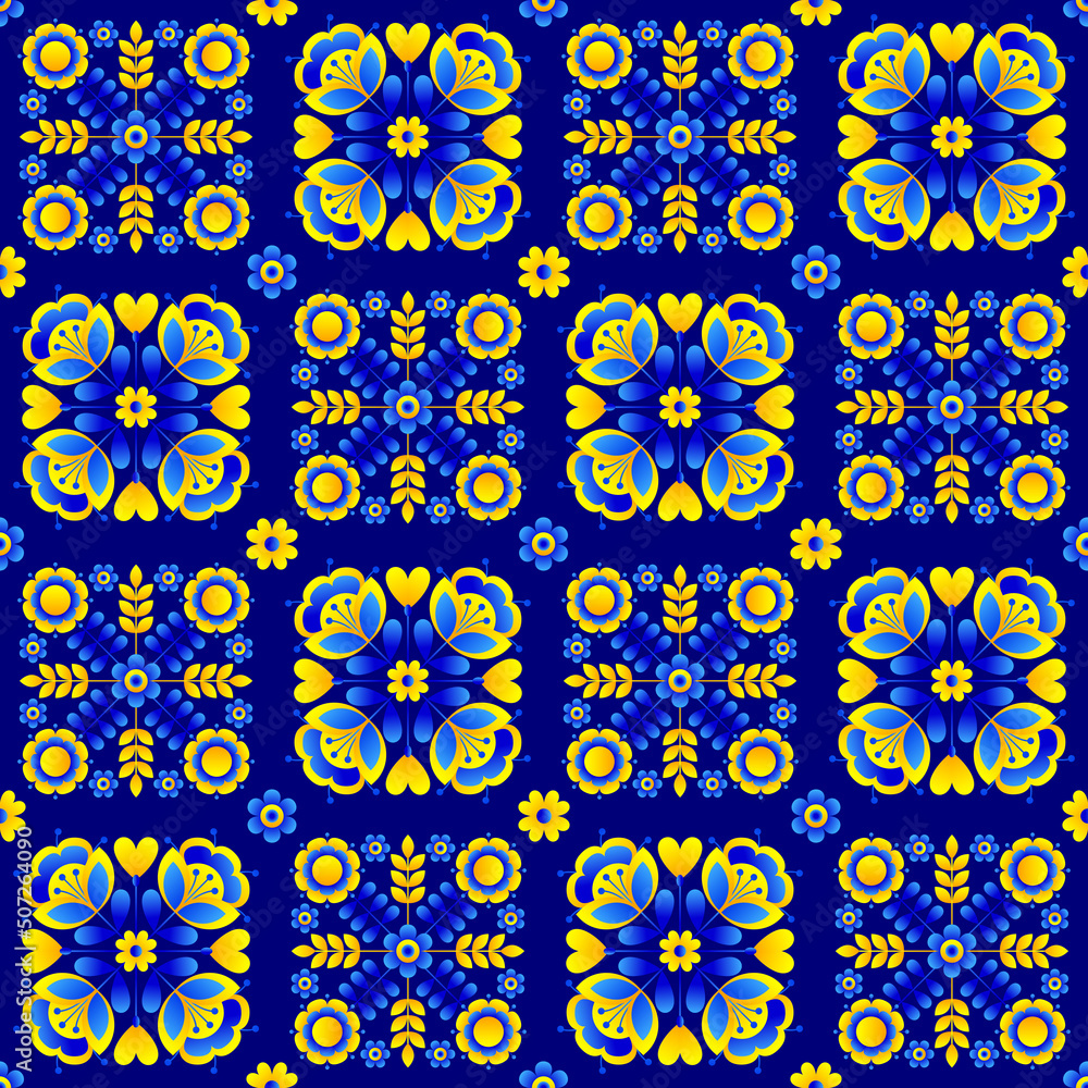 Seamless floral pattern based on Ukrainian ornament on dark blue background. Vector stylized ornament in Ukrainian style. Seamless floral pattern based on Ukrainian ornament on dark blue background. Vector stylized ornament in Ukrainian style.