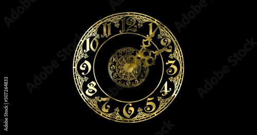 Classic gold dial .The arrows describe a full circle . It symbolizes the infinity of time.On black background. 3D render