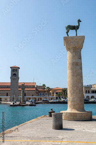 Mandraki port with deers statue in Rhodes, Greece.