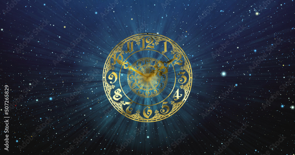 Classic gold dial .The arrows describe a full circle . It symbolizes the infinity of time. Against the background of space and stars. 3D render Classic gold dial .The arrows describe a full circle . It symbolizes the infinity of time. Against the background of space and stars. 3D render