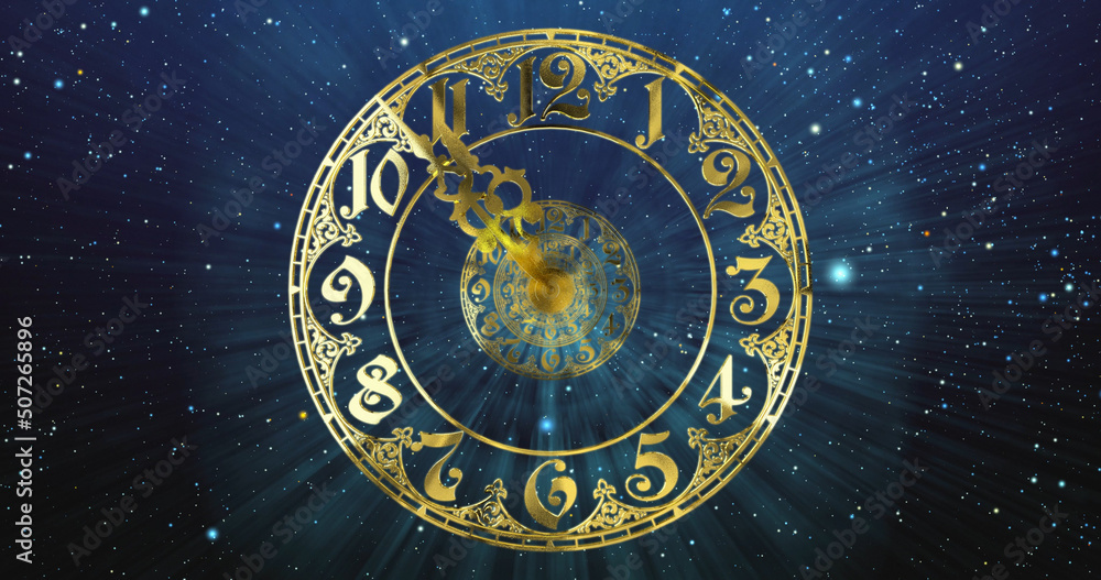 Classic gold dial .The arrows describe a full circle . It symbolizes the infinity of time. Against the background of space and stars. 3D render Classic gold dial .The arrows describe a full circle . It symbolizes the infinity of time. Against the background of space and stars. 3D render