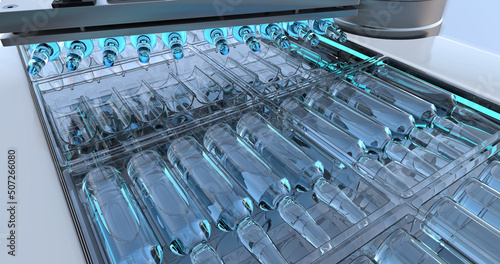 Pharmaceutical manufacturing line. Cardboard automatic factory packaging machine for packaging ampoules with vaccine and medicines. 3D . Warm shades filter.