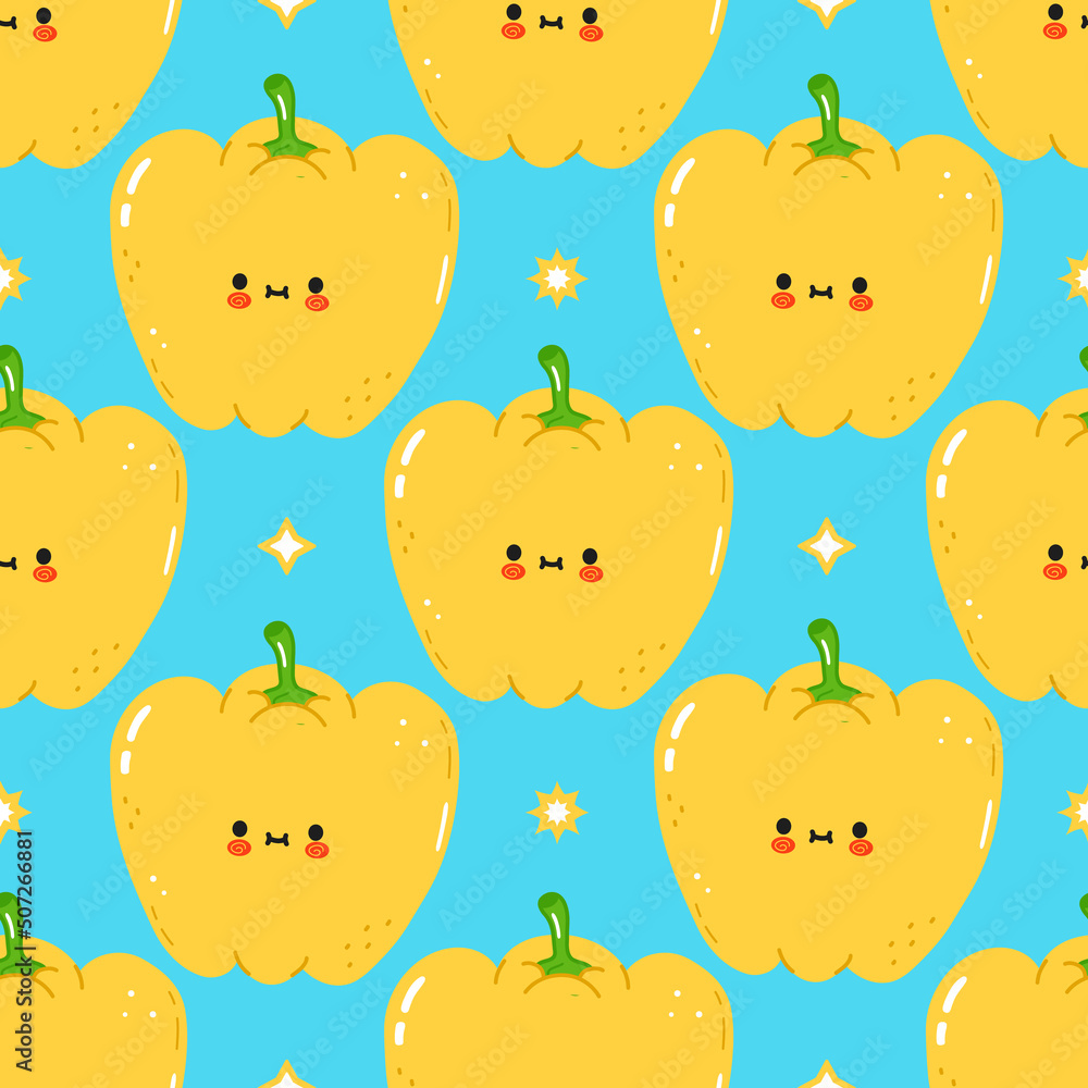 Cute funny yellow pepper pattern character. Vector hand drawn cartoon kawaii character illustration icon. Isolated on blue background. Pattern yellow pepper character concept Cute funny yellow pepper pattern character. Vector hand drawn cartoon kawaii character illustration icon. Isolated on blue background. Pattern yellow pepper character concept