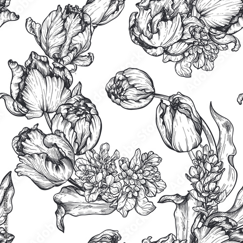 Wallpaper Mural Beautiful hand drawn vector seamless patterns with black and white tulip flowers Torontodigital.ca