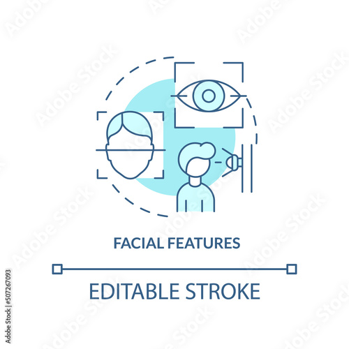 Facial features turquoise concept icon. Biometric identification abstract idea thin line illustration. Face recognition. Isolated outline drawing. Editable stroke. Arial, Myriad Pro-Bold fonts used