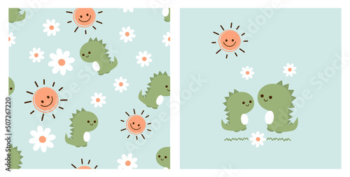 Seamless pattern with dinosaur cartoons, sun and daisy flower on green backgrounds vector. Cute childish print.