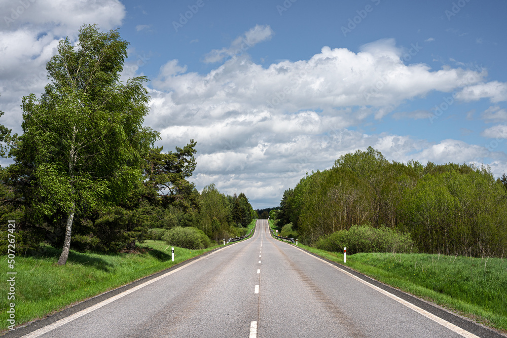 The asphalt road across a beautiful landscape.