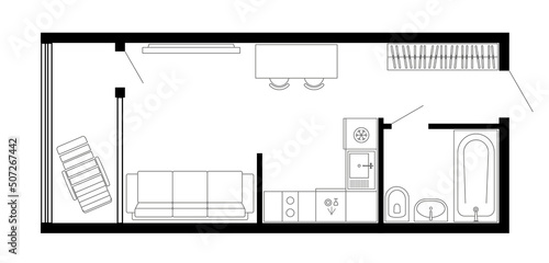 Apartment floor plan. Two bedroom apartment. Vector architecture plan of condominium, flat, house. Interior design elements kitchen, bedroom, bathroom furniture. 2D 2 bedroom apartment floor plan.