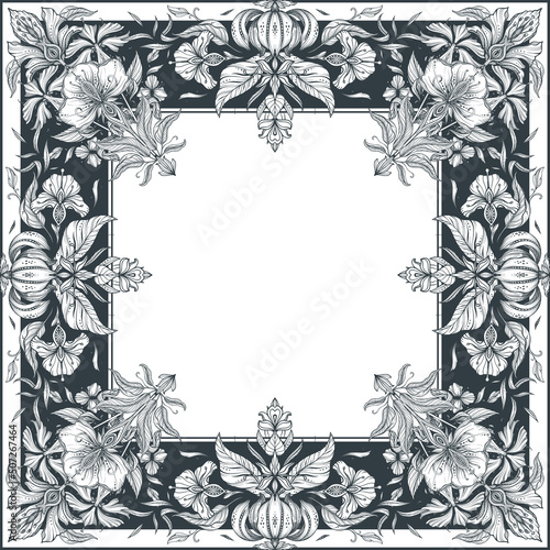 Vector black and white shawl print with beautiful hand drawn floral pattern
