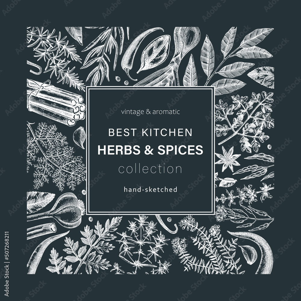 Hand drawn Herbs And Spices Wreath Hand sketched Food Card On hand-drawn-herbs-and-spices-wreath-hand-sketched-food-card-on