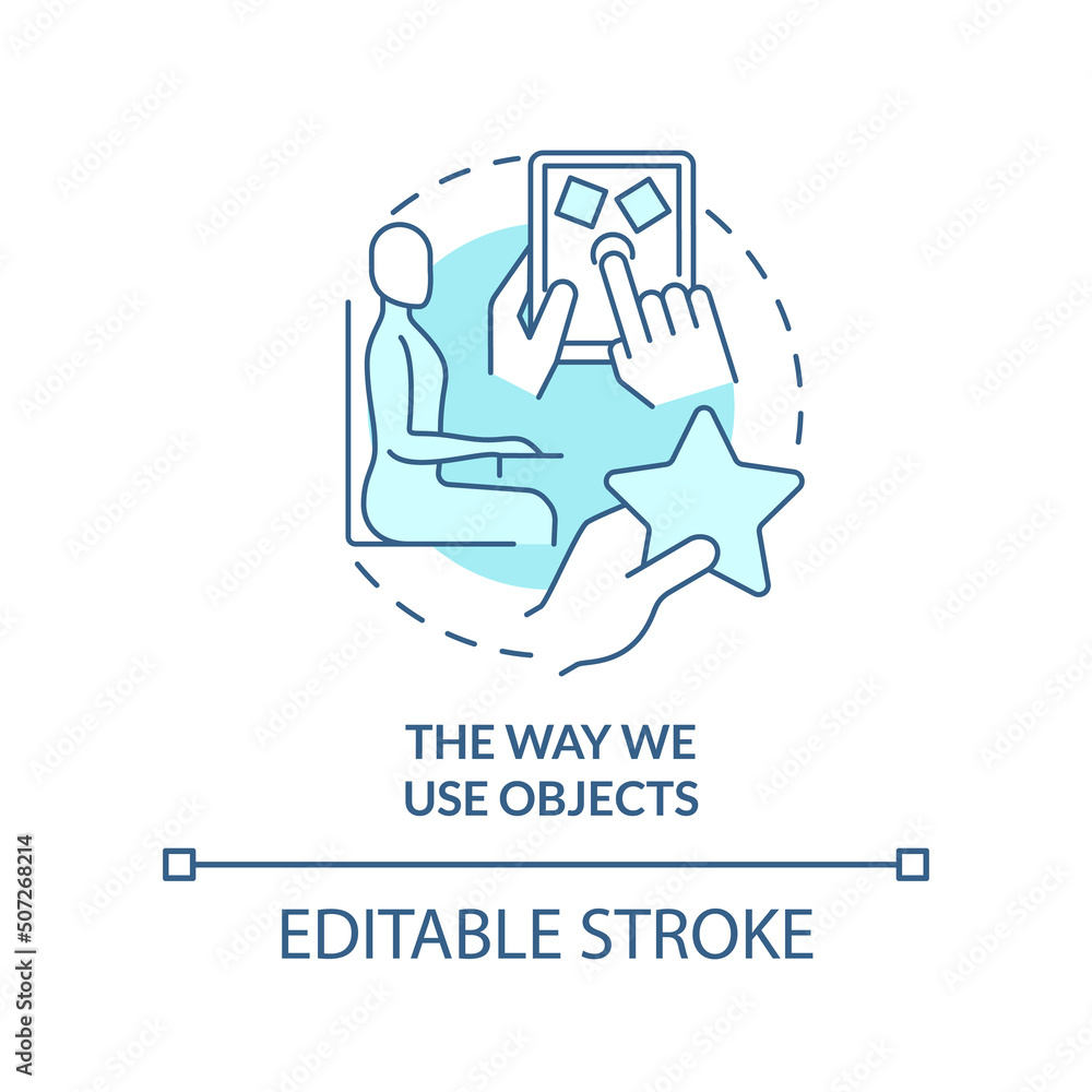 The way we use objects turquoise concept icon. Measuring behavior abstract idea thin line illustration. Actions, manners. Isolated outline drawing. Editable stroke. Arial, Myriad Pro-Bold fonts used