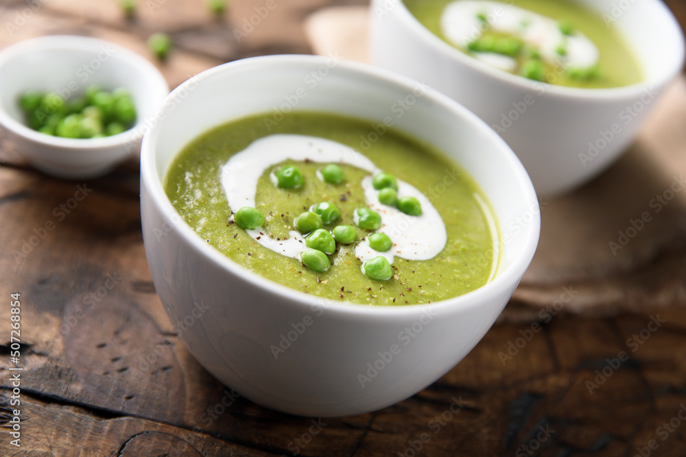 Homemade green pea soup with cream Homemade green pea soup with cream
